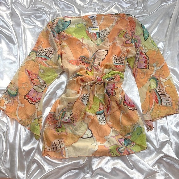 Beware Tops - y2k Beware Butterfly Blouse Orange Excellent Sheer Tie Front Bell Sleeve Top 2XL